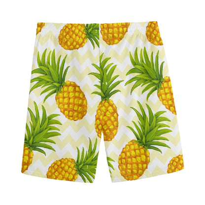 Beige Zig Zag Pineapple Pattern Print Men's Sports Shorts