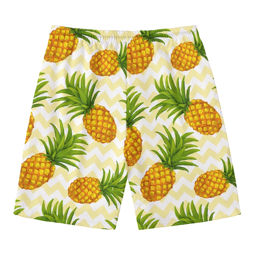 Beige Zig Zag Pineapple Pattern Print Men's Swim Trunks