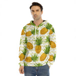 Beige Zig Zag Pineapple Pattern Print Men's Velvet Pullover Hoodie