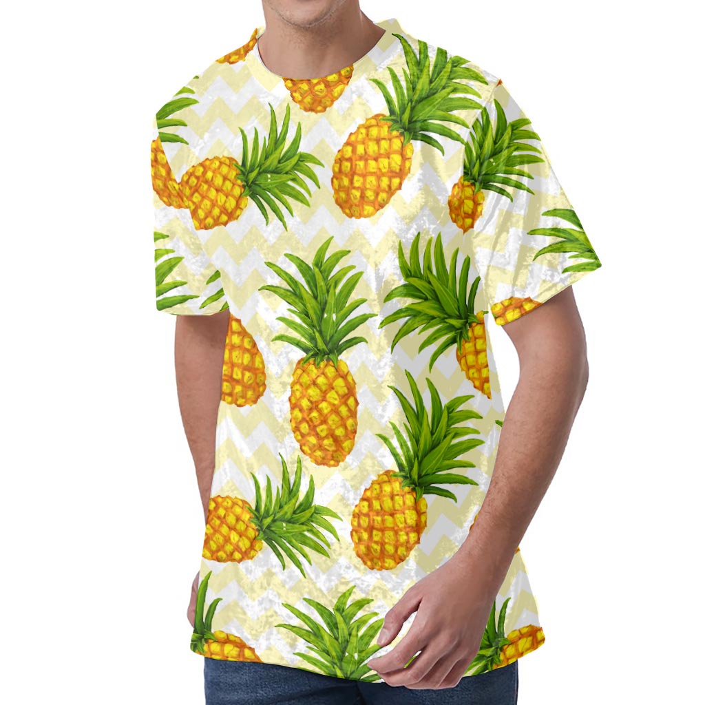 Beige Zig Zag Pineapple Pattern Print Men's Velvet T-Shirt