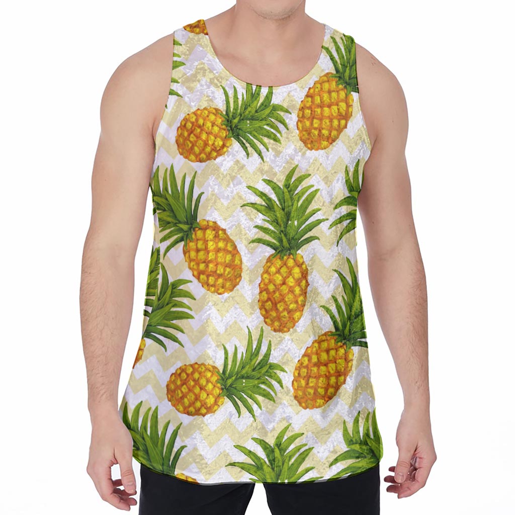 Beige Zig Zag Pineapple Pattern Print Men's Velvet Tank Top