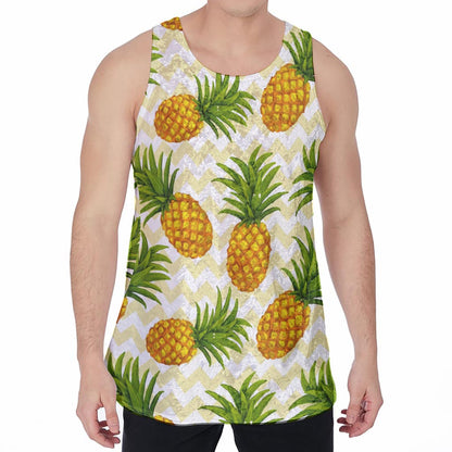 Beige Zig Zag Pineapple Pattern Print Men's Velvet Tank Top