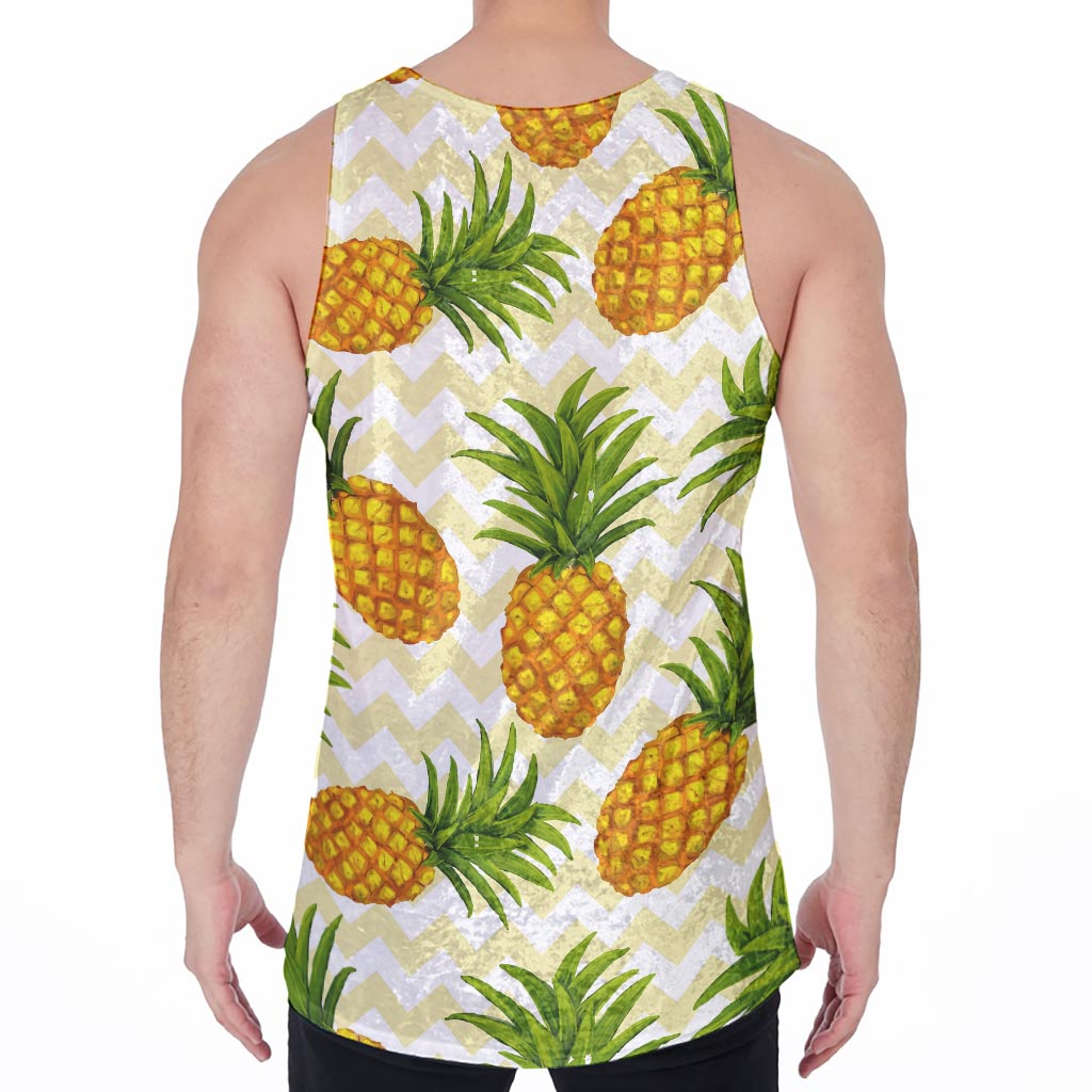 Beige Zig Zag Pineapple Pattern Print Men's Velvet Tank Top