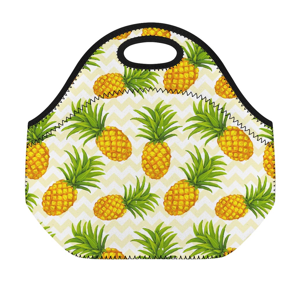 Beige Zig Zag Pineapple Pattern Print Neoprene Lunch Bag