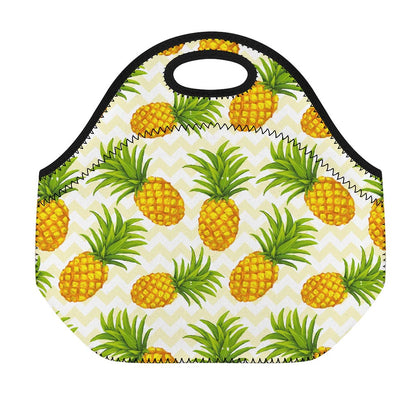 Beige Zig Zag Pineapple Pattern Print Neoprene Lunch Bag