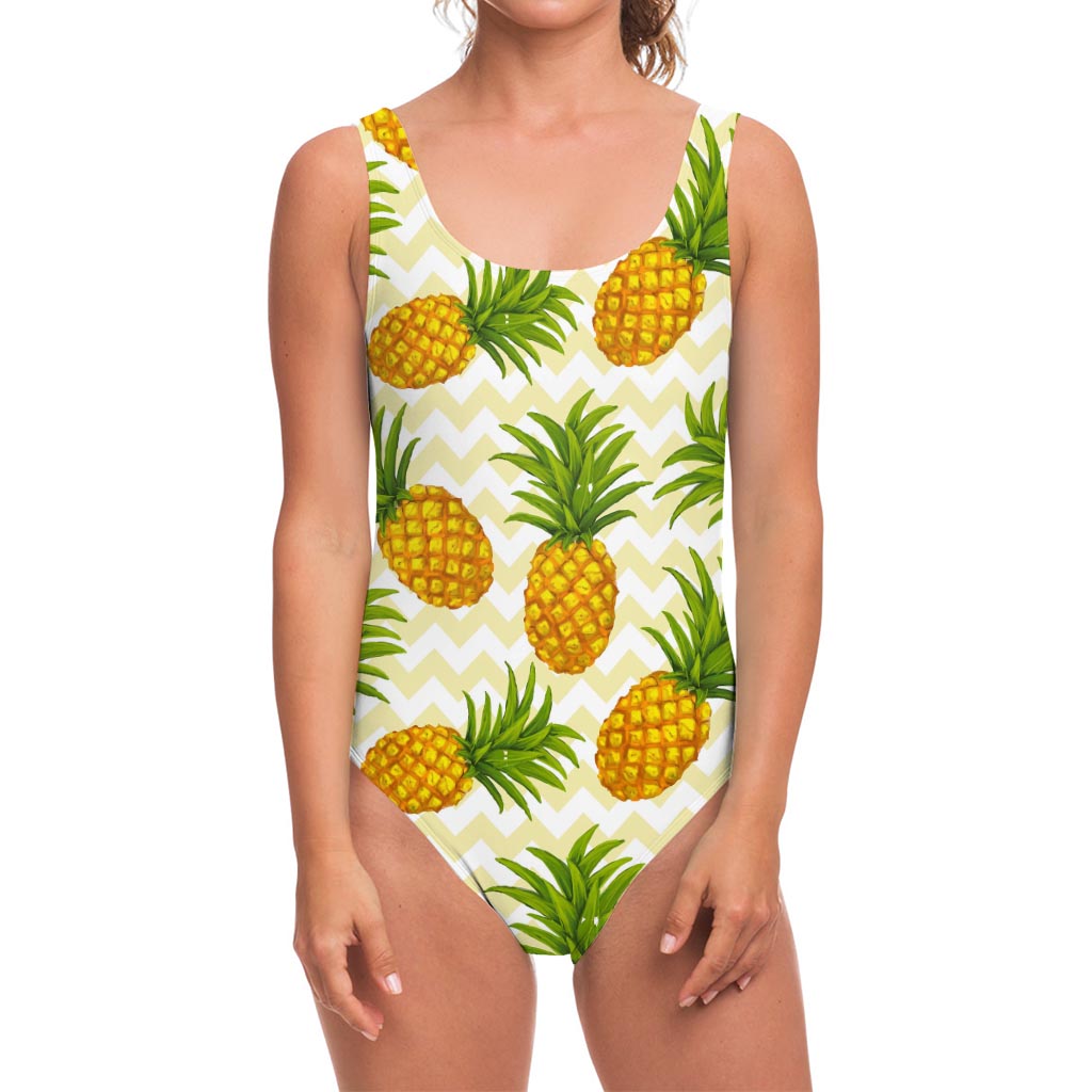 Beige Zig Zag Pineapple Pattern Print One Piece Swimsuit