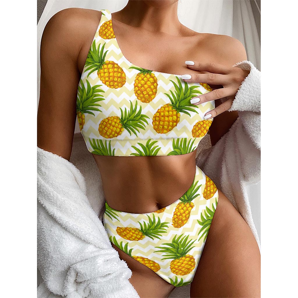 Beige Zig Zag Pineapple Pattern Print One Shoulder Bikini Top
