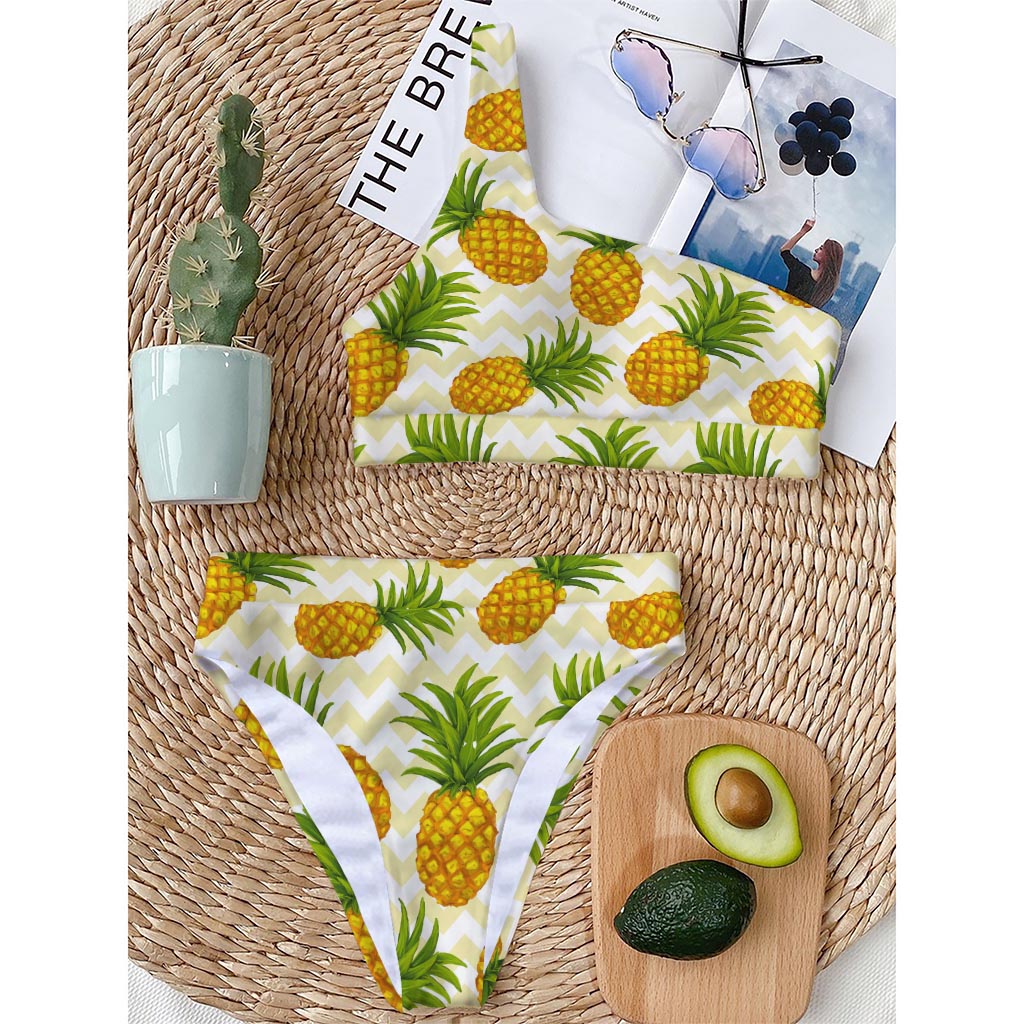Beige Zig Zag Pineapple Pattern Print One Shoulder Bikini Top