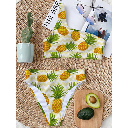 Beige Zig Zag Pineapple Pattern Print One Shoulder Bikini Top