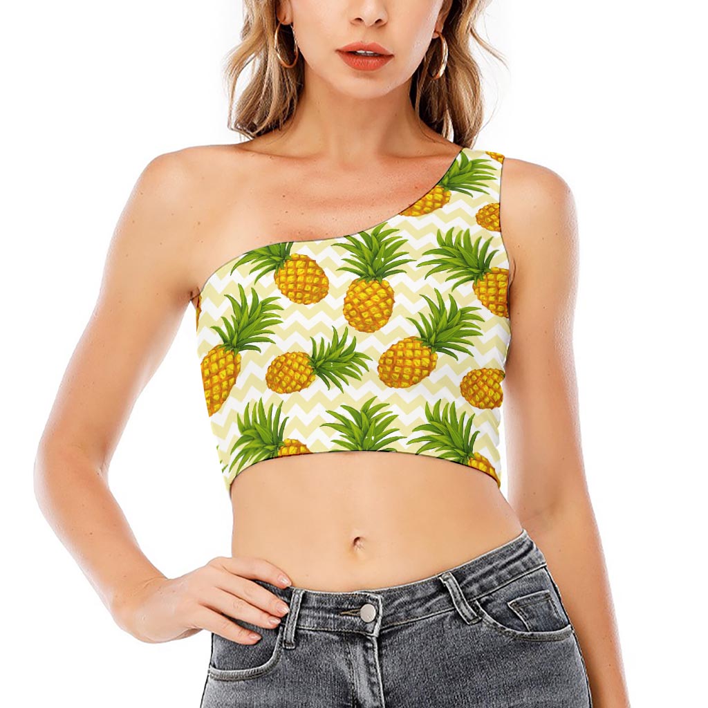 Beige Zig Zag Pineapple Pattern Print One Shoulder Crop Top