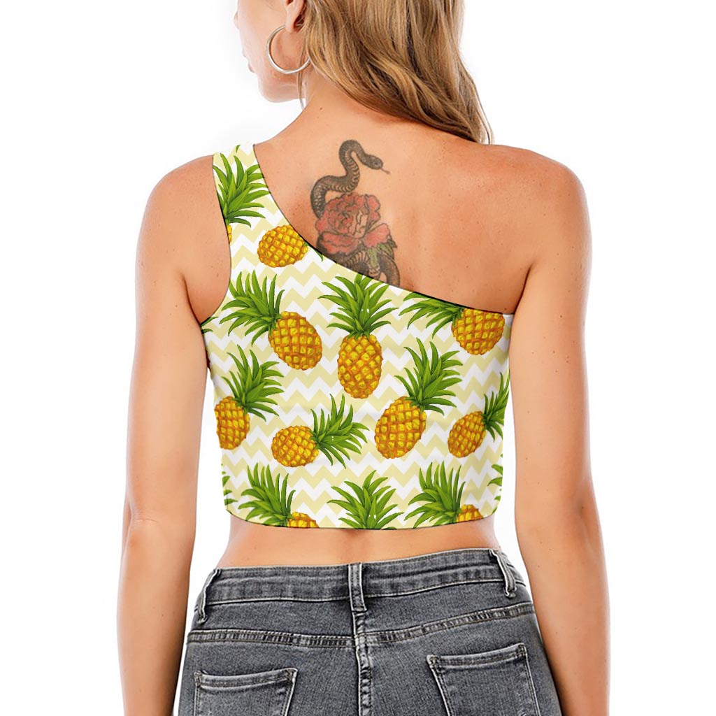 Beige Zig Zag Pineapple Pattern Print One Shoulder Crop Top