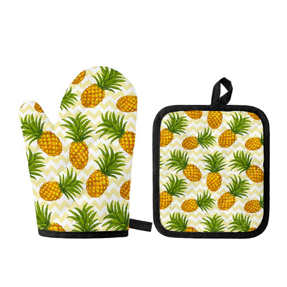Beige Zig Zag Pineapple Pattern Print Oven Mitt And Pot Holder Set