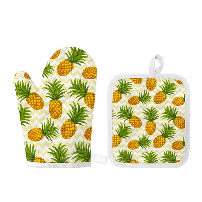 Beige Zig Zag Pineapple Pattern Print Oven Mitt And Pot Holder Set