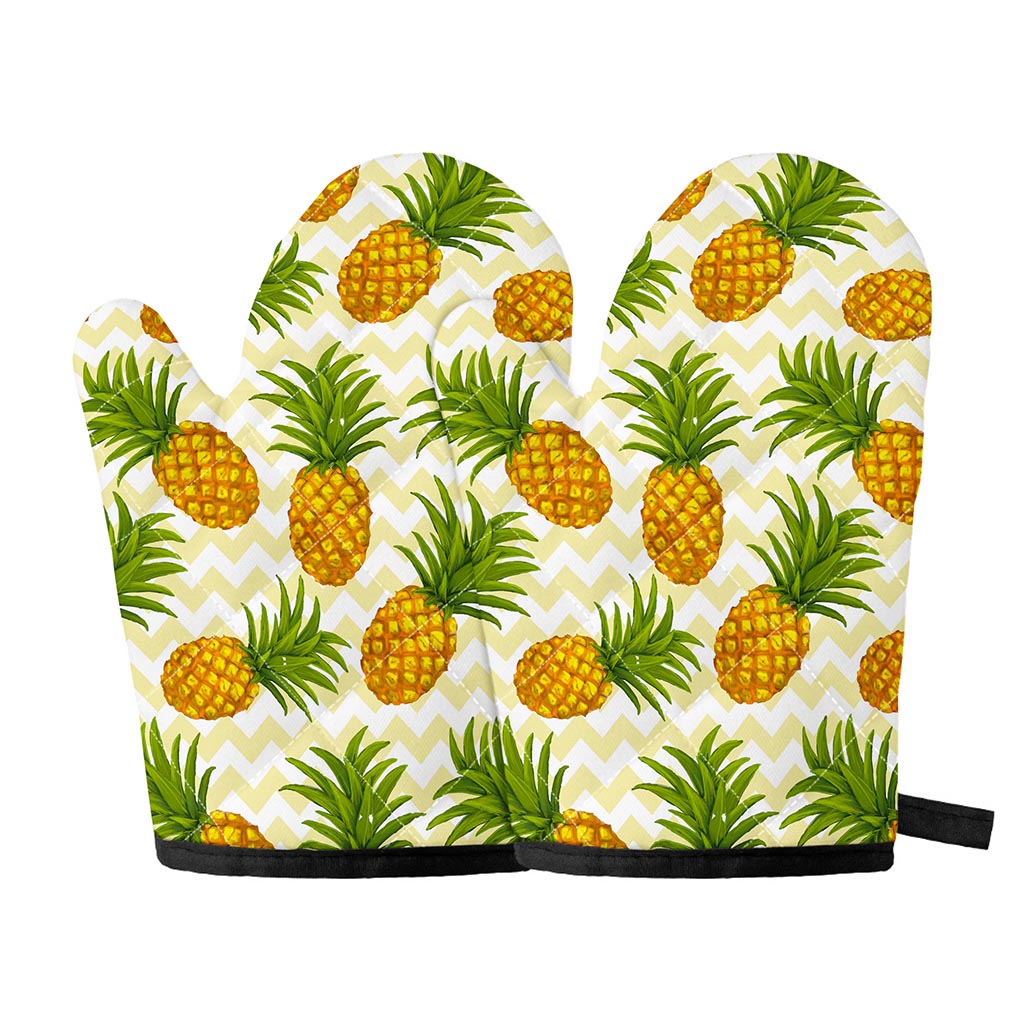 Beige Zig Zag Pineapple Pattern Print Oven Mitts