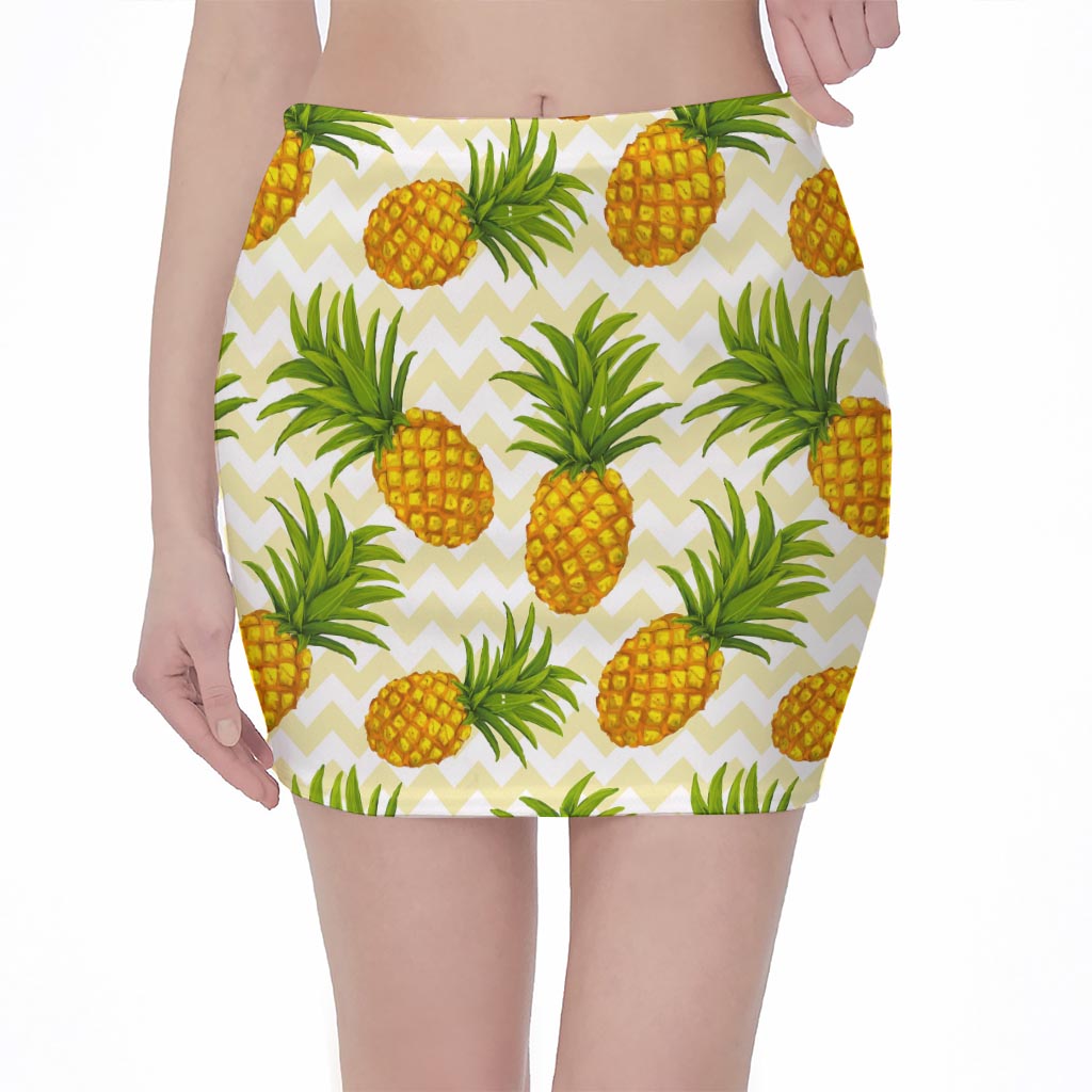 Beige Zig Zag Pineapple Pattern Print Pencil Mini Skirt