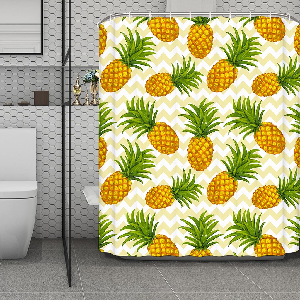 Beige Zig Zag Pineapple Pattern Print Polyester Shower Curtain