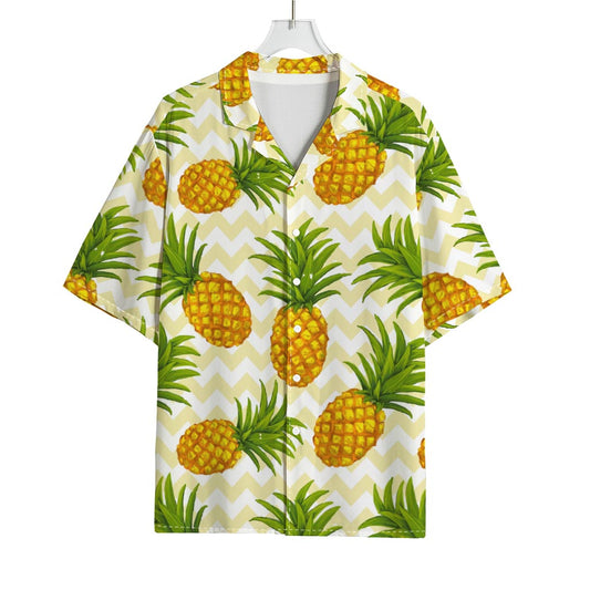 Beige Zig Zag Pineapple Pattern Print Rayon Hawaiian Shirt
