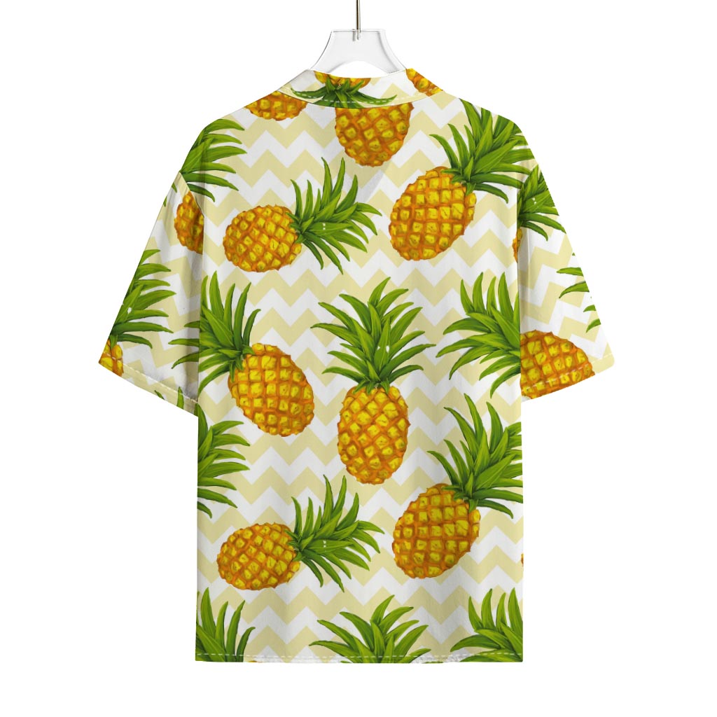 Beige Zig Zag Pineapple Pattern Print Rayon Hawaiian Shirt
