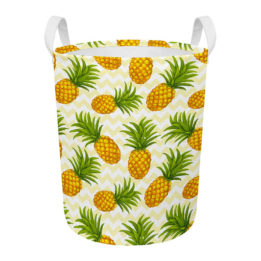 Beige Zig Zag Pineapple Pattern Print Round Laundry Basket