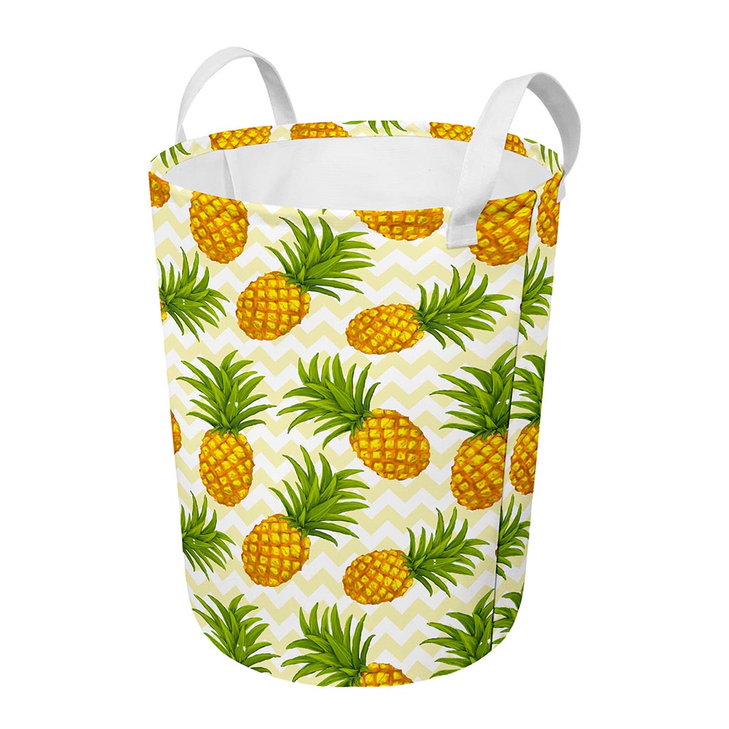 Beige Zig Zag Pineapple Pattern Print Round Laundry Basket