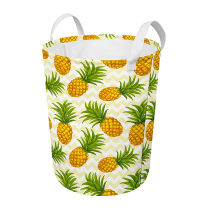 Beige Zig Zag Pineapple Pattern Print Round Laundry Basket
