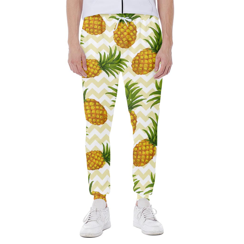 Beige Zig Zag Pineapple Pattern Print Scuba Joggers