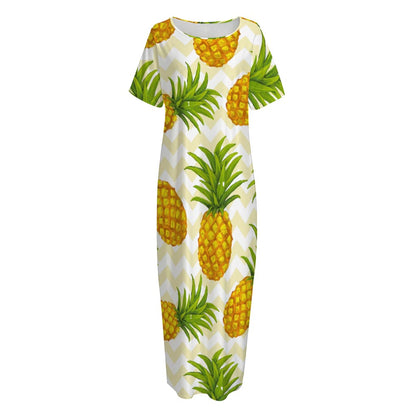 Beige Zig Zag Pineapple Pattern Print Short Sleeve Long Nightdress