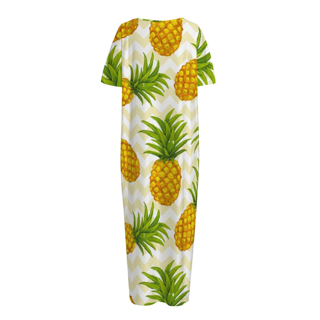 Beige Zig Zag Pineapple Pattern Print Short Sleeve Long Nightdress