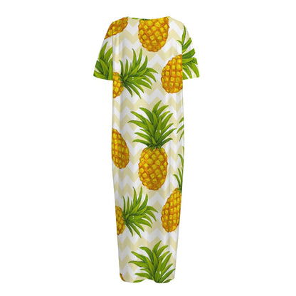 Beige Zig Zag Pineapple Pattern Print Short Sleeve Long Nightdress