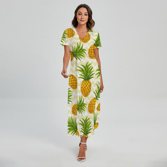 Beige Zig Zag Pineapple Pattern Print Short Sleeve Maxi Dress