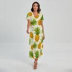 Beige Zig Zag Pineapple Pattern Print Short Sleeve Maxi Dress