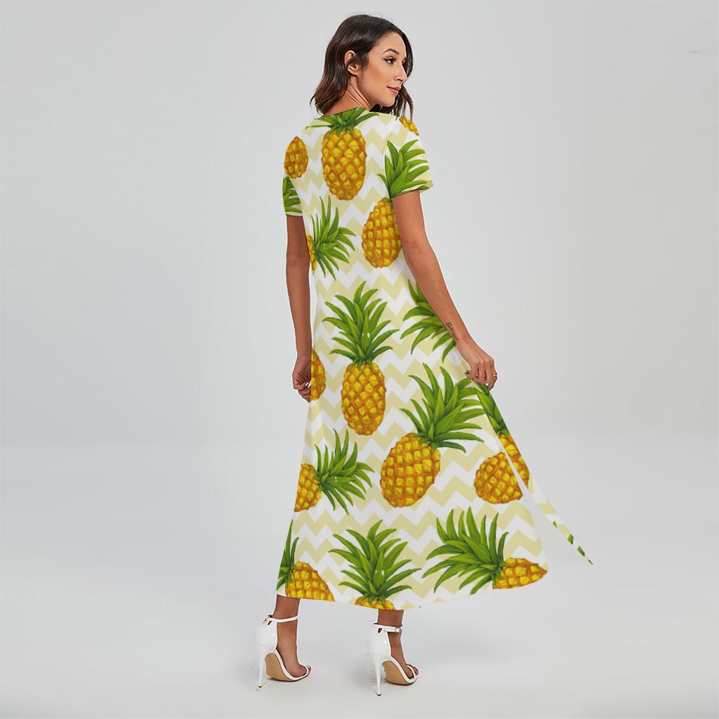 Beige Zig Zag Pineapple Pattern Print Short Sleeve Maxi Dress