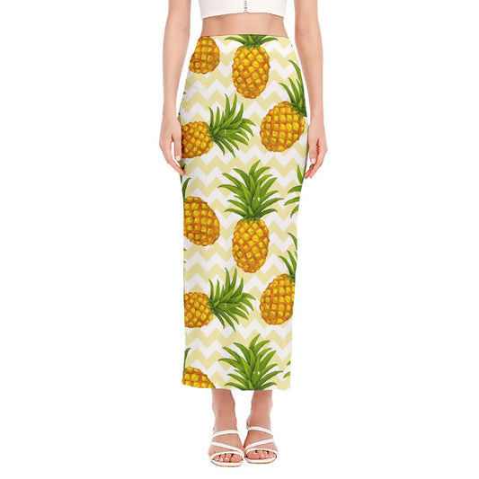 Beige Zig Zag Pineapple Pattern Print Side Slit Maxi Skirt