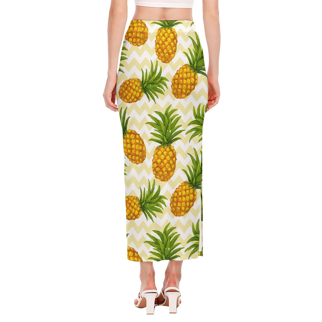 Beige Zig Zag Pineapple Pattern Print Side Slit Maxi Skirt