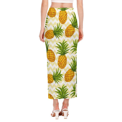 Beige Zig Zag Pineapple Pattern Print Side Slit Maxi Skirt
