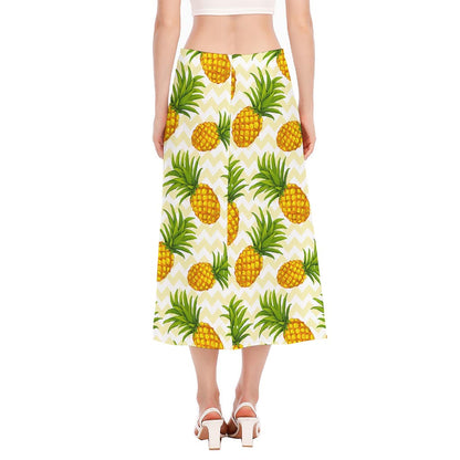 Beige Zig Zag Pineapple Pattern Print Side Slit Midi Skirt