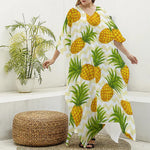 Beige Zig Zag Pineapple Pattern Print Silk V-Neck Kaftan Dress