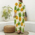 Beige Zig Zag Pineapple Pattern Print Silk V-Neck Kaftan Dress