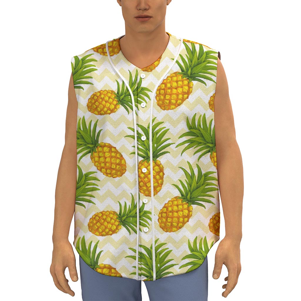 Beige Zig Zag Pineapple Pattern Print Sleeveless Baseball Jersey