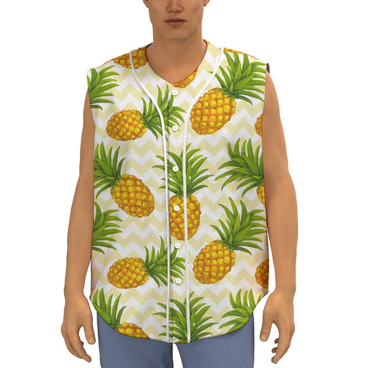 Beige Zig Zag Pineapple Pattern Print Sleeveless Baseball Jersey