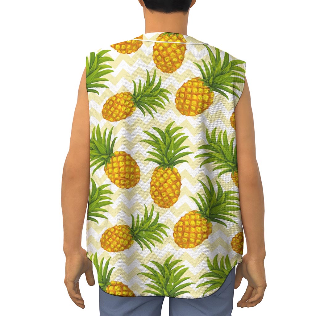 Beige Zig Zag Pineapple Pattern Print Sleeveless Baseball Jersey