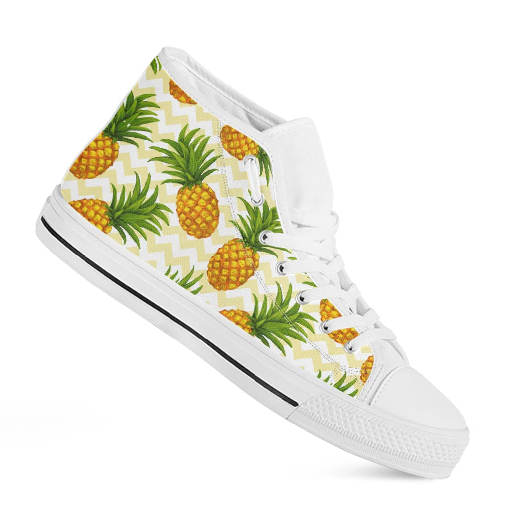 Beige Zig Zag Pineapple Pattern Print White High Top Sneakers