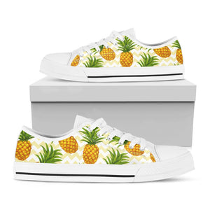 Beige Zig Zag Pineapple Pattern Print White Low Top Sneakers