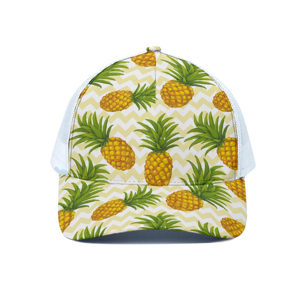 Beige Zig Zag Pineapple Pattern Print White Mesh Trucker Cap