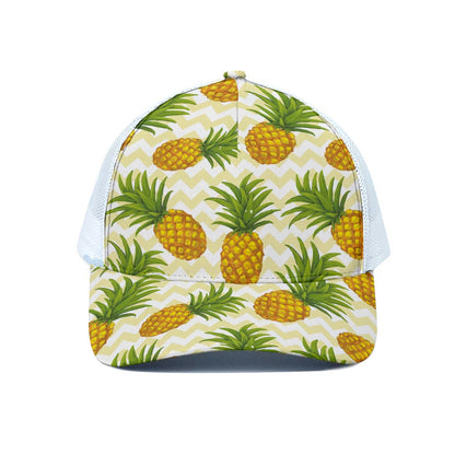 Beige Zig Zag Pineapple Pattern Print White Mesh Trucker Cap