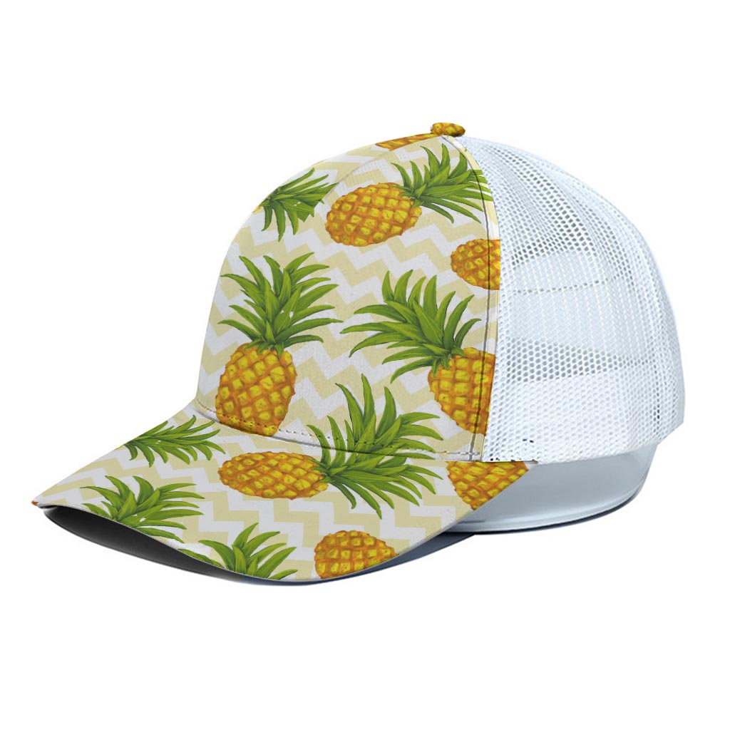 Beige Zig Zag Pineapple Pattern Print White Mesh Trucker Cap