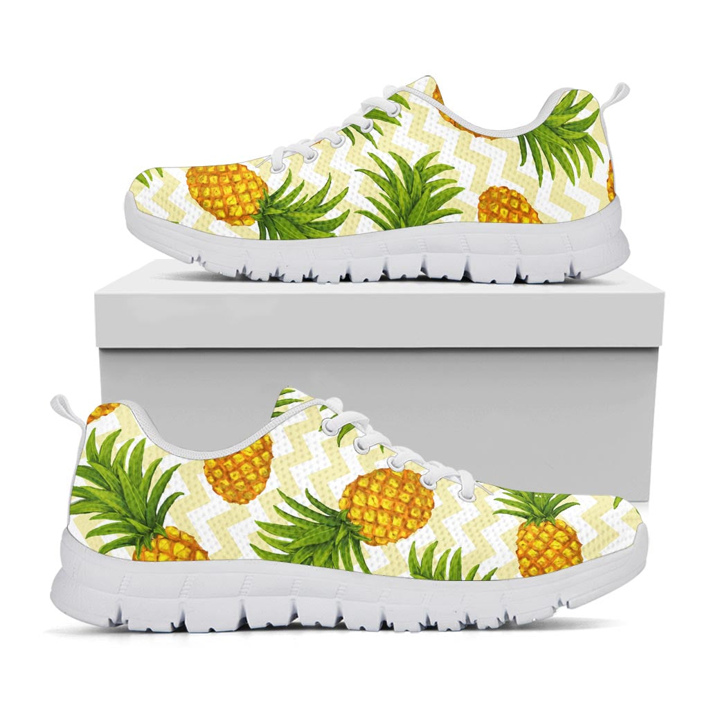 Beige Zig Zag Pineapple Pattern Print White Running Shoes