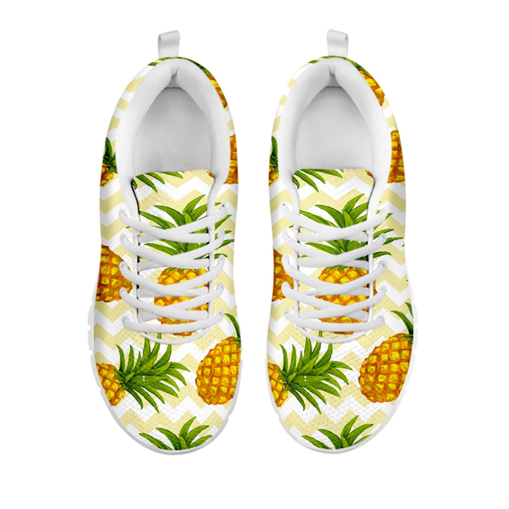 Beige Zig Zag Pineapple Pattern Print White Running Shoes