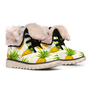 Beige Zig Zag Pineapple Pattern Print Winter Boots