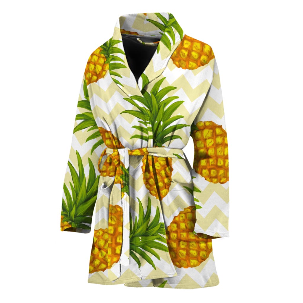 Beige Zig Zag Pineapple Pattern Print Women's Bathrobe